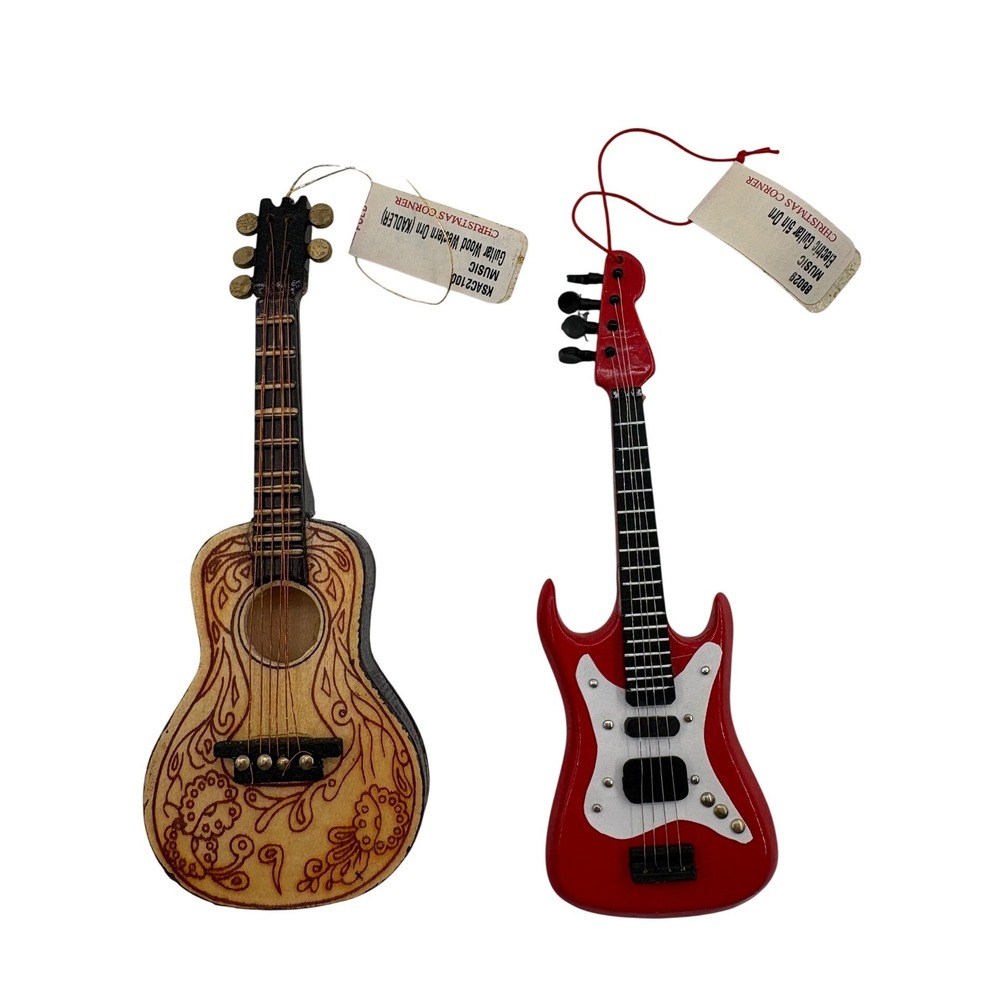 Guitar Christmas Ornaments Set Red Electric Tan Acoustic Miniature Music Gifts